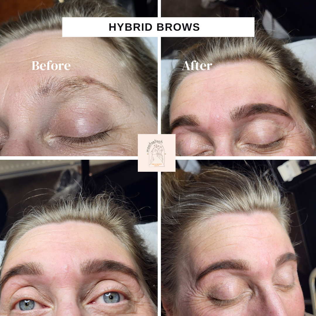 A collage showing the results of a Hybrid Brows treatment at Mooitastisch Salon. The "Before" image displays a close-up of a woman's eyebrow that appears light, sparse, and uneven. The "After" images show the same eyebrow looking fuller, darker, and more defined, highlighting the transformation achieved by the treatment.